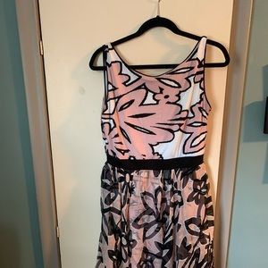 Pink black white floral dress sheer skirt overlay